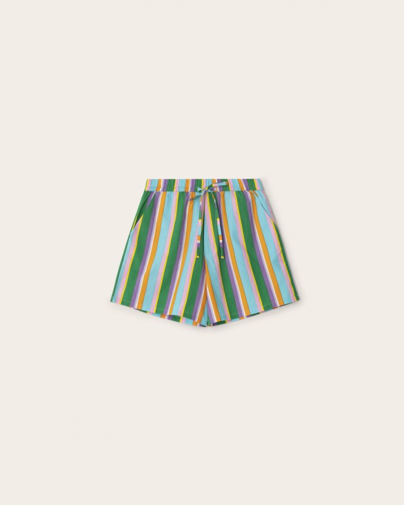 Printed stripe cotton poplin shorts handmade in Morocco and India. Genderless bougroug style. Designed by Anwar Bougroug