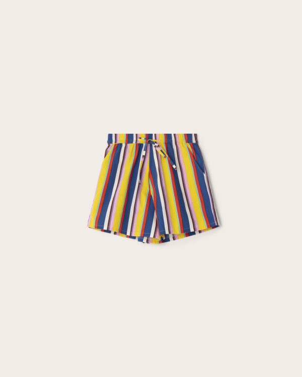 Printed blue, yellow, red and mint stripe cotton poplin shorts handmade in Morocco and India. Genderless bougroug style. Designed by Anwar Bougroug