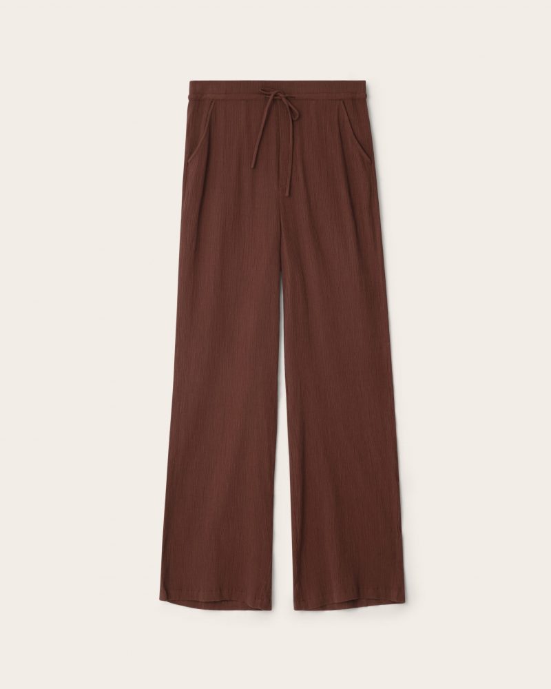 Brown long trousers in cotton crepe handmade in Morocco and India. Genderless bougroug style. Designed by Anwar Bougroug